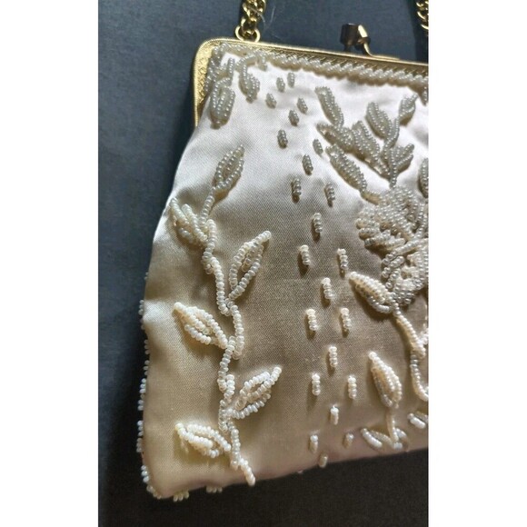 Vintage Beaded Purse Handbag Satin Beige Gold Chain Handmade Glam 1950s Style - Picture 3 of 13